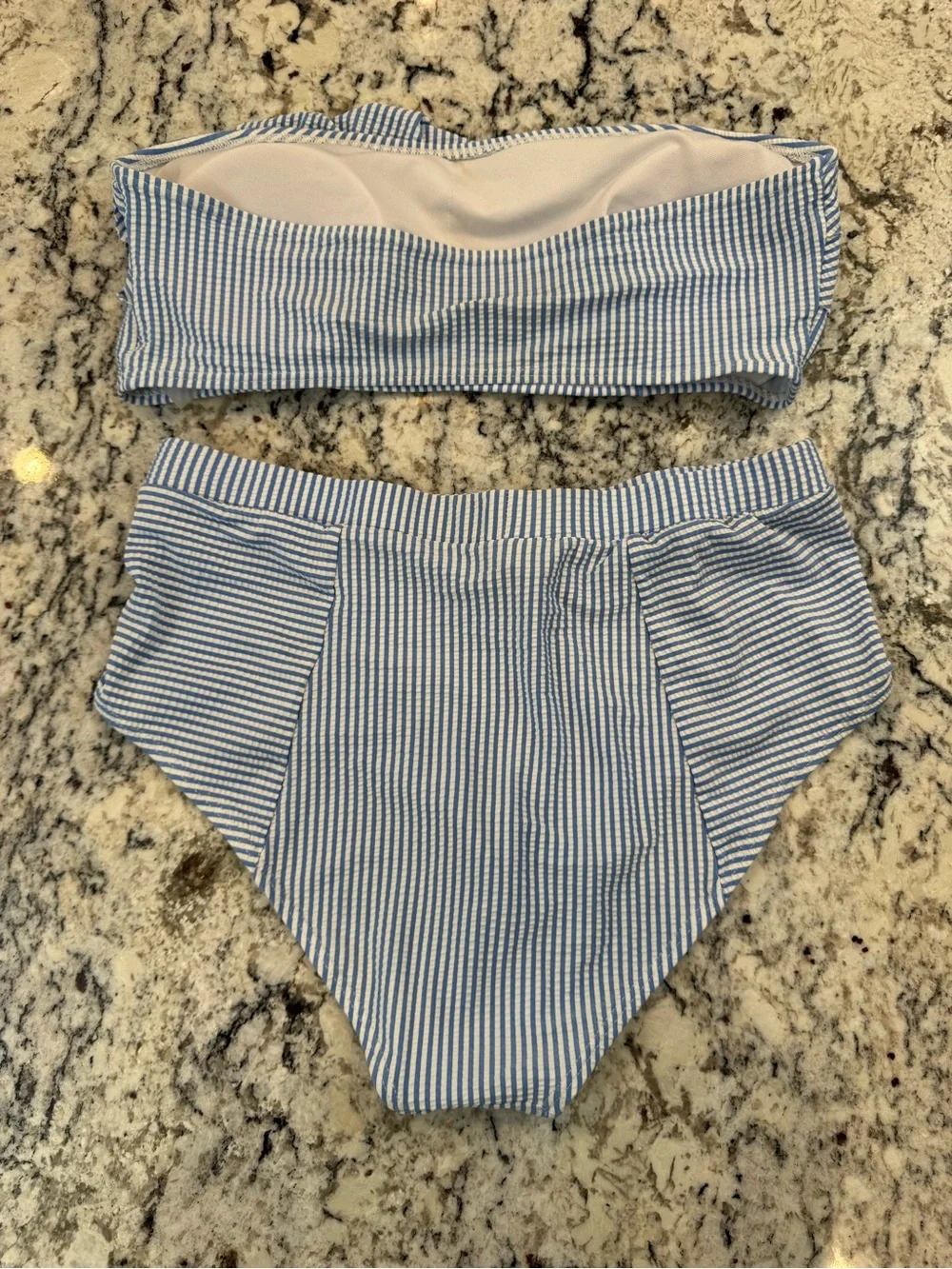 Blue & White Seersucker Ruffle Bandeau Bikini Set High Waist Size L - Picture 7 of 9
